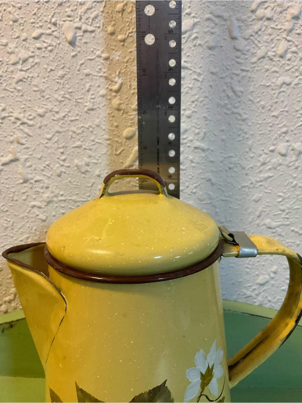 Antique Yellow White Enamelware Coffee Pot Flowers